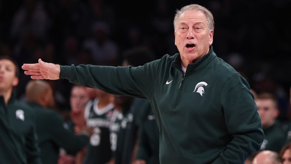 Nov 18, 2025; New York, New York, USA; Michigan State Spartans head coach Tom Izzo reacts during the first half against the Kentucky Wildcats at Madison Square Garden. Mandatory Credit: Vincent Carchietta-Imagn Images