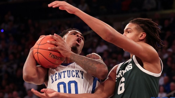 Otega Oweh struggles to get a shot off against Michigan State in the Champions Classic, via Dr. Michael Huang, Kentucky Sports Radio