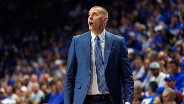 Nov 4, 2025; Lexington, Kentucky, USA; Kentucky Wildcats head coach Mark Pope calls out a play during the first half against the Nicholls Colonels at Rupp Arena at Central Bank Center. Mandatory Credit: Jordan Prather-Imagn Images