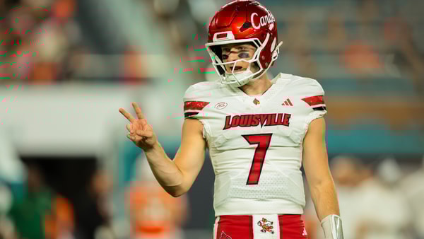 Oct 17, 2025; Miami Gardens, Florida, USA; Louisville Cardinals quarterback Miller Moss (7) reacts on the field against the Miami Hurricanes during the second quarter at Hard Rock Stadium. Mandatory Credit: Sam Navarro-Imagn Images