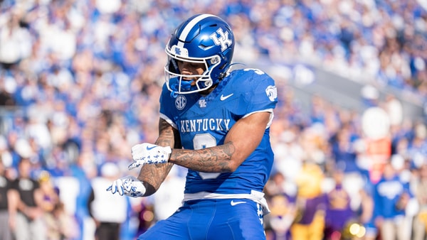 Kentucky running back Seth McGowan (3) danced in the endzone celebrating his second touchdown of the first half as the Wildcats face off against the Tennessee Tech Golden Eagles at Kroger Field in Lexington, Kentucky. Nov. 15, 2025. (© Jeff Faughender/Courier Journal / USA TODAY NETWORK via Imagn Images)