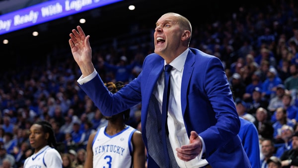 Dec 2, 2025; Lexington, Kentucky, USA; Kentucky Wildcats head coach Mark Pope yells to his players during the first half against the North Carolina Tar Heels at Rupp Arena at Central Bank Center. Mandatory Credit: Jordan Prather-Imagn Images