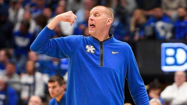 Dec 5, 2025; Nashville, TN, USA; Kentucky Wildcats head coach Mark Pope yells to his team against the Gonzaga Bulldogs during the first half at Bridgestone Arena. Mandatory Credit: Steve Roberts-Imagn Images