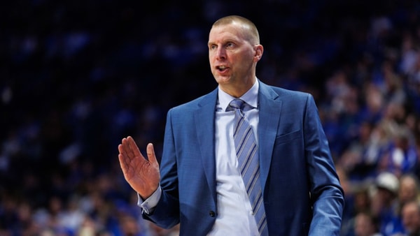 Dec 9, 2025; Lexington, Kentucky, USA; Kentucky Wildcats head coach Mark Pope talks to his players from the sideline during the first half against the North Carolina Central Eagles at Rupp Arena at Central Bank Center. Mandatory Credit: Jordan Prather-Imagn Images