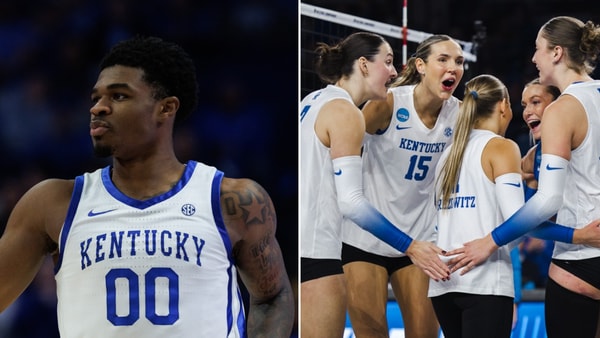 Photos of Otega Oweh (left) and Kentucky volleyball players via Kentucky Sports Radio