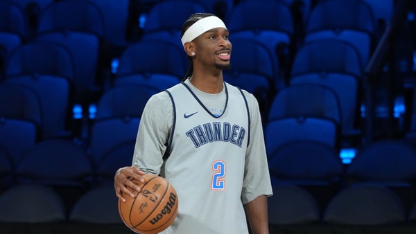 Dec 12, 2025; Las Vegas, NV, USA; Oklahoma City Thunder guard Shai Gilgeous-Alexander (2) reacts during practice prior to the Emirates Cup semifinals at T-Mobile Arena. Mandatory Credit: Kirby Lee-Imagn Images