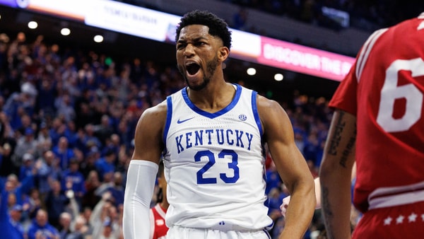 Dec 13, 2025; Lexington, Kentucky, USA; Kentucky Wildcats forward Mouhamed Dioubate (23) celebrates a basket during the second half against the Indiana Hoosiers at Rupp Arena at Central Bank Center. Mandatory Credit: Jordan Prather-Imagn Images