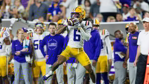 Nov 22, 2025; Baton Rouge, Louisiana, USA; LSU Tigers wide receiver Barion Brown (6) catches a pass against the Western Kentucky Hilltoppers during the second half at Tiger Stadium. Mandatory Credit: Stephen Lew-Imagn Images