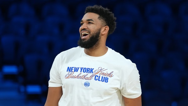 Dec 15, 2025; Las Vegas, NV, USA; New York Knicks center/forward Karl-Anthony Towns (32) reacts during practice prior to the Emirates NBA Cup championship at the T-Mobile Arena. Mandatory Credit: Kirby Lee-Imagn Images