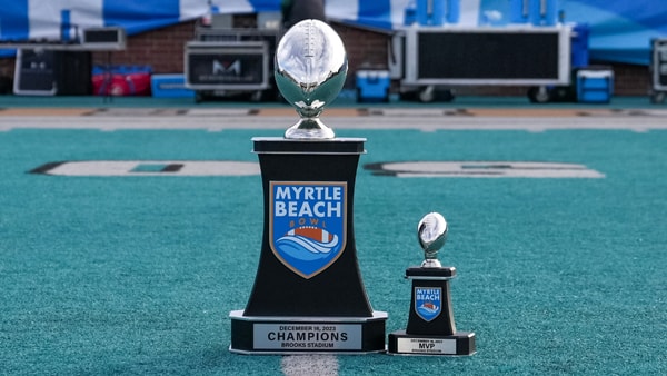 Dec 16, 2023; Conway, SC, USA; General view of the Champions Trophy prior to the Georgia Southern Eagles and Ohio Bobcats game at Brooks Stadium. Mandatory Credit: David Yeazell-Imagn Images