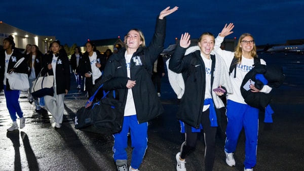 Kentucky volleyball players waved to fans as they hit the road to the Final Four in Kansas City, via UK Athletics