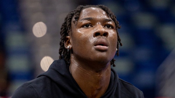 Nov 14, 2025; New Orleans, Louisiana, USA; Los Angeles Lakers guard Adou Thiero (1) warms up before the game against the New Orleans Pelicans at Smoothie King Center. Mandatory Credit: Stephen Lew-Imagn Images
