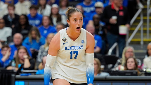 Dec 18, 2025; Kansas City, MO, USA; Kentucky Wildcats outside hitter Brooklyn Deleye (17) celebrates after a point during the first set against the Wisconsin Badgers in a 2025 NCAA Women’s Volleyball Championship semifinal match at T-Mobile Center. Mandatory Credit: Jay Biggerstaff-Imagn Images