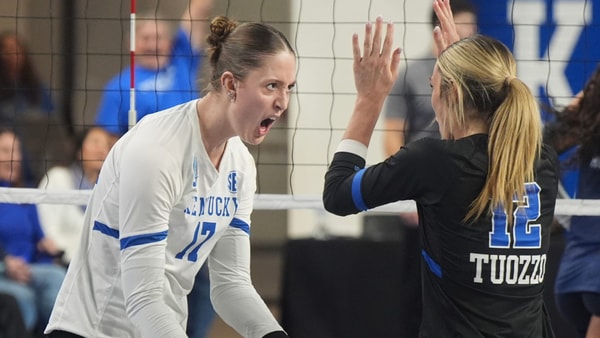 Kentucky' Brookyln DeLeye celebrates a point in the Regional Final with Molly Tuozzo, via, Scott Utterback:Courier Journal : USA TODAY NETWORK via Imagn Images