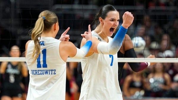 Dec 21, 2025; Kansas City, MO, USA; Kentucky Wildcats outside hitter Eva Hudson (7) celebrates after a kill during the first set against the Texas A&M Aggies in the 2025 NCAA Women’s Volleyball Championship at T-Mobile Center. Mandatory Credit: Jay Biggerstaff-Imagn Images