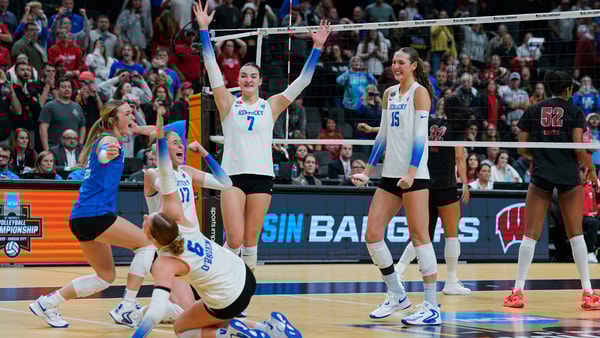 The Kentucky volleyball team celebrates a Final Four win over Wisconsin, via Jay Biggerstaff-Imagn Images