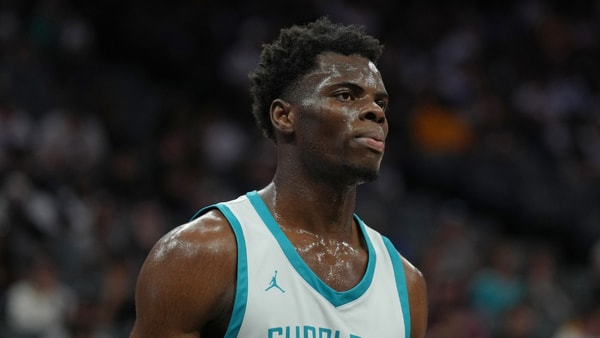 Jul 5, 2023; Sacramento, CA, USA; Charlotte Hornets center James Nnaji (46) during the second quarter against the Golden State Warriors at Golden 1 Center. Mandatory Credit: Darren Yamashita-Imagn Images