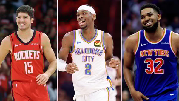 Photos of Reed Sheppard (left), Shai Gilgeous-Alexander (middle), and Karl-Anthony Towns via Imagn Images