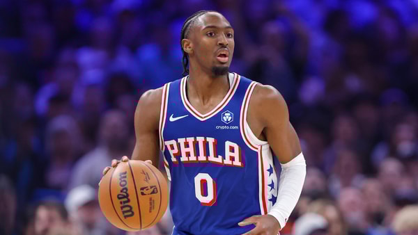 Dec 28, 2025; Oklahoma City, Oklahoma, USA; Philadelphia 76ers guard Tyrese Maxey dribbles down the court against the Oklahoma City Thunder during the first quarter at Paycom Center. Mandatory Credit: Alonzo Adams-Imagn Images