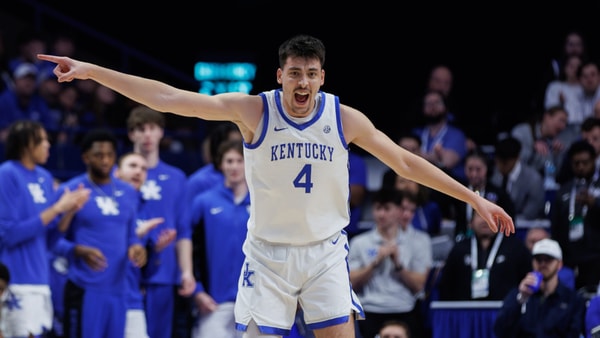 Kentucky Wildcats forward Andrija Jelavić (4) directs traffic during the game against NC Central on Tuesday, Dec. 9, 2025, at Rupp Arena in Lexington, Ky. Photo by Crawford Ifland, Kentucky Sports Radio/On3.