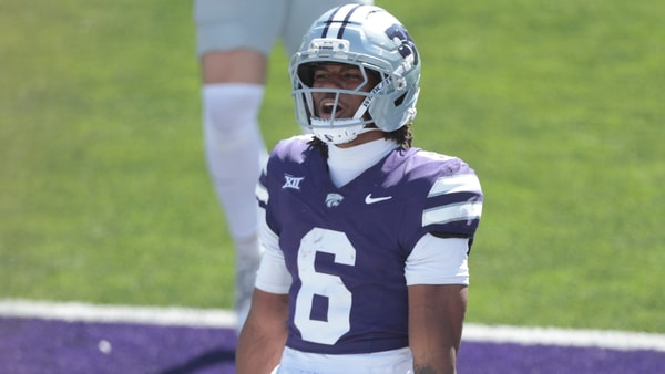 Kansas State Wildcats safety Qua Moss (6) celebrates an interception during the second half of the game against UCF Knights at Bill Snyder Family Stadium on Sept. 27, 2025. (© Evert Nelson/The Capital-Journal / USA TODAY NETWORK via Imagn Images)
