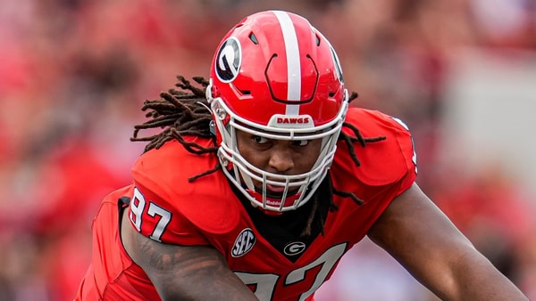 Oct 4, 2025; Athens, Georgia, USA; Georgia Bulldogs defensive lineman Jordan Thomas (97) fights off blocks to rush the Kentucky Wildcats quarterback at Sanford Stadium. Mandatory Credit: Dale Zanine-Imagn Images