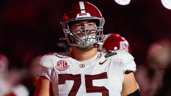 Dec 19, 2025; Norman, OK, USA; Alabama Crimson Tide offensive lineman Wilkin Formby (75) against the Oklahoma Sooners during the CFP National Playoff First Round at Gaylord Family Oklahoma Memorial Stadium. Mandatory Credit: Mark J. Rebilas-Imagn Images