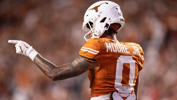 Oct 19, 2024; Austin, Texas, USA; Texas Longhorns wide receiver DeAndre Moore Jr. (0) in the second quarter against the Georgia Bulldogs at Darrell K Royal-Texas Memorial Stadium. Mandatory Credit: Brett Patzke-Imagn Images