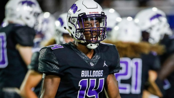 Brownsburg Bulldogs Rashon Myles (14) yells in excitement at Brownsburg High School in Brownsburg, Ind., Saturday, August 29, 2020. The Brownsburg Bulldogs defeated St. Xavier in overtime, 30-24. (© Grace Hollars/Indianapolis Star via Imagn Content Services, LLC)