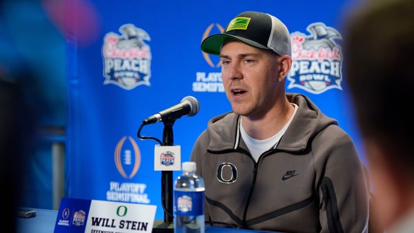 Oregon offensive coordinator Will Stein speaks during a media day as the Oregon Ducks arrive on Jan. 7, 2025, in Atlanta, Georgia ahead of the Peach Bowl at Mercedes-Benz Stadium - Ben Lonergan/The Register-Guard / USA TODAY NETWORK via Imagn Images