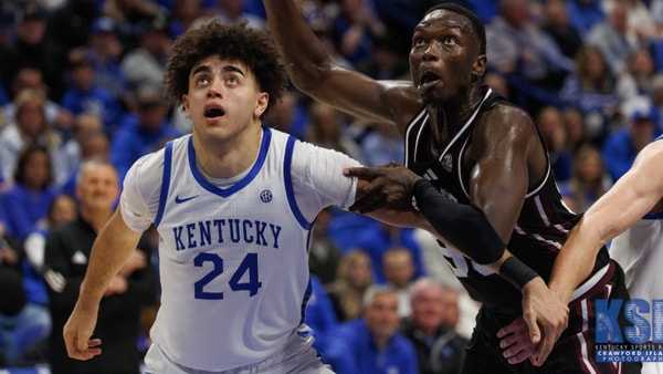 Kentucky Wildcats center Malachi Moreno (24) defends against Mississippi State Bulldogs forward Achor Achor (99) during the college basketball game between the Kentucky Wildcats and the Mississippi State Bulldogs on Saturday, Jan. 10, 2026, at Rupp Arena in Lexington, Ky. Photo by Crawford Ifland, Kentucky Sports Radio/On3