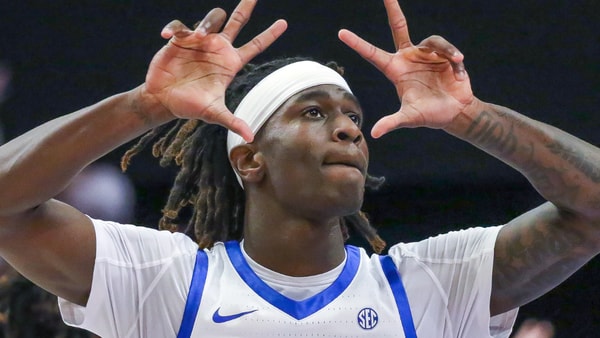 Kentucky guard Denzel Aberdeen celebrated after knocking down a 3-point shot in the Wildcats' win over Mississippi State on Jan. 10, 2026, at Rupp Arena. (Brett Corman/Cats Illustrated)