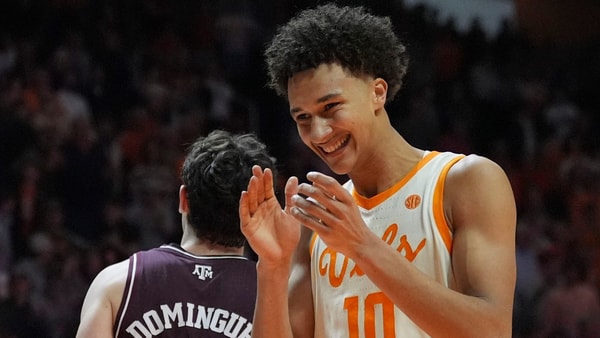 Tennessee forward Nate Ament (10) smiles during a NCAA basketball game between Tennessee and Texas A&amp;M at Thompson-Boling Arena at Food City Center in Knoxville, Tenn., on Jan. 13, 2026.
