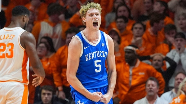 Kentucky guard Collin Chandler (5) celebrates as Kentucky takes the lead from Tennessee during a NCAA basketball game between the Tennessee Volunteers and Kentucky Wildcats at Thompson-Boling Arena at Food City Center in Knoxville, Tenn., on Jan. 17, 2026.