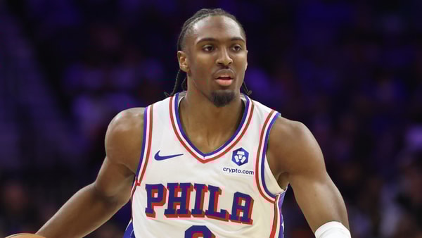 Former Kentucky G Tyrese Maxey wears a Crypto.com jersey patch when he suits up for the Sixers, via Bill Streicher-Imagn Images