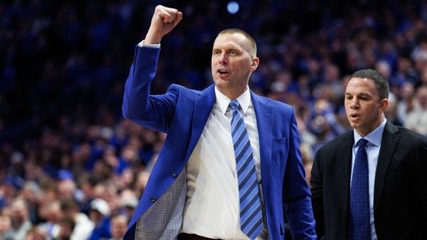 Jan 24, 2026; Lexington, Kentucky, USA; Kentucky Wildcats head coach Mark Pope celebrates after an offensive possession during the second half against the Mississippi Rebels at Rupp Arena at Central Bank Center. Mandatory Credit: Jordan Prather-Imagn Images