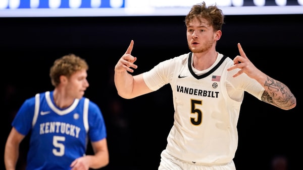 Vanderbilt forward Tyler Nickel (5) celebrates a three-point basket against Kentucky during the first half at Memorial Gymnasium in Nashville, Tenn., Tuesday, Jan. 27, 2026 - ANDREW NELLES / THE TENNESSEAN / USA TODAY NETWORK via Imagn Images