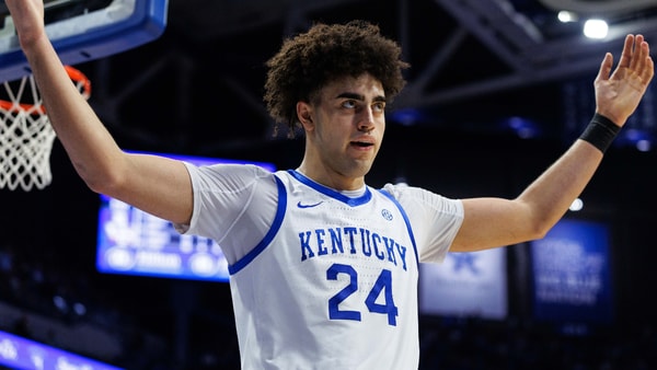Jan 10, 2026; Lexington, Kentucky, USA; Kentucky Wildcats center Malachi Moreno (24) motions for the crowd to cheer during the first half against the Mississippi State Bulldogs at Rupp Arena at Central Bank Center. Mandatory Credit: Jordan Prather-Imagn Images