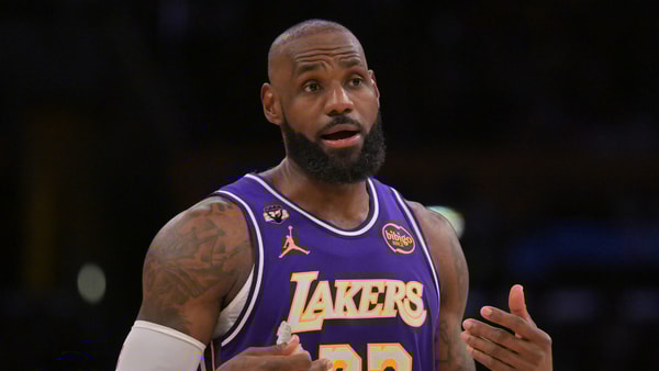 Feb 5, 2026; Los Angeles, California, USA; Los Angeles Lakers forward LeBron James (23) reacts after a foul in the second half against the Philadelphia 76ers at Crypto.com Arena. Mandatory Credit: Jayne Kamin-Oncea-Imagn Images