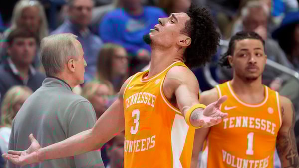 Tennessee's guard Bishop Boswell (3) gets pull out of the game after getting his fourth foul against Kentucky at Rupp Arena Saturday night. Feb. 7, 2026