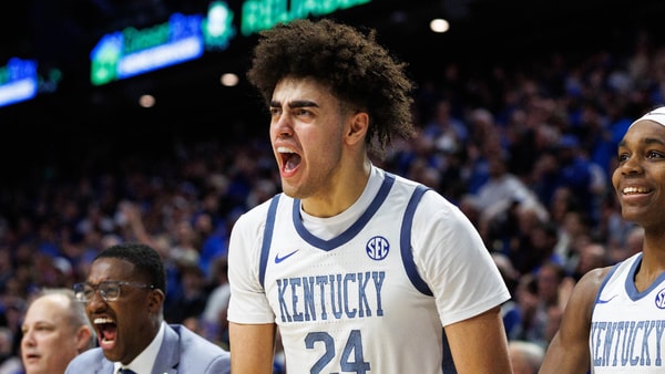 Feb 7, 2026; Lexington, Kentucky, USA; Kentucky Wildcats center Malachi Moreno (24), guard Jasper Johnson (2) and forward Braydon Hawthorne (right) celebrate from the bench during the second half against the Tennessee Volunteers at Rupp Arena at Central Bank Center. Mandatory Credit: Jordan Prather-Imagn Images