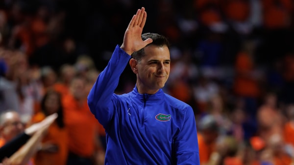 Feb 14, 2026; Gainesville, Florida, USA; Florida Gators head coach Todd Golden gestures with a Gator Chomp against the Kentucky Wildcats during the second half at Exactech Arena at the Stephen C. O'Connell Center. Mandatory Credit: Matt Pendleton-Imagn Images
