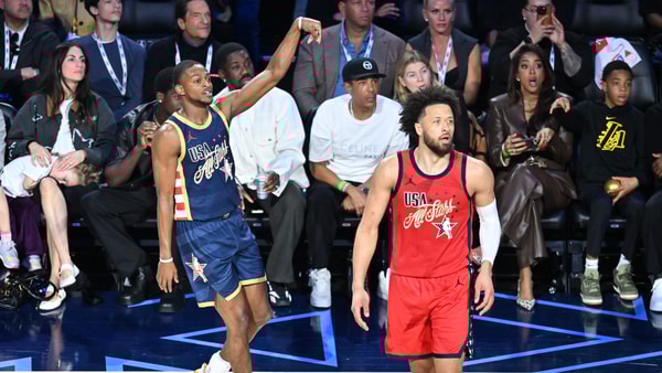 De'Aaron Fox holds his follow through as he sinks a game-winner at the NBA All-Star Game, via William Liang-Imagn Images