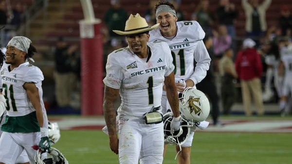 Sacramento State celebrates a win over Stanford, via Sergio Estrada-Imagn Images