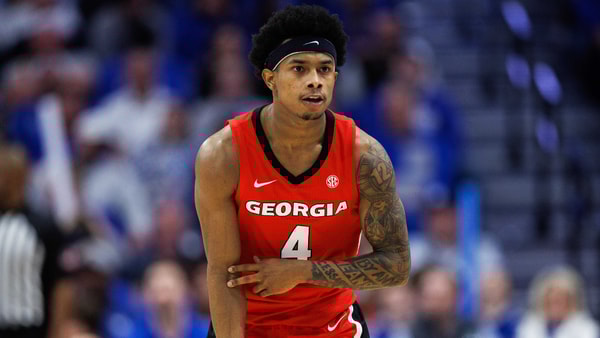 Feb 17, 2026; Lexington, Kentucky, USA; Georgia Bulldogs guard Marcus Millender (4) celebrates after scoring a three point basket during the second half against the Kentucky Wildcats at Rupp Arena at Central Bank Center. Mandatory Credit: Jordan Prather-Imagn Images