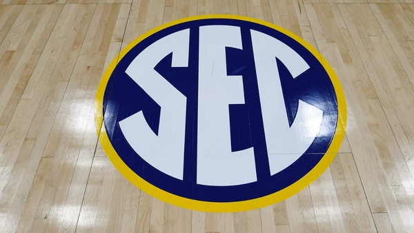 Mar 12, 2020; Nashville, Tennessee, USA; View of SEC logo on the court after the announcement the SEC Conference Tournament was cancelled at Bridgestone Arena. Mandatory Credit: Christopher Hanewinckel-USA TODAY Sports