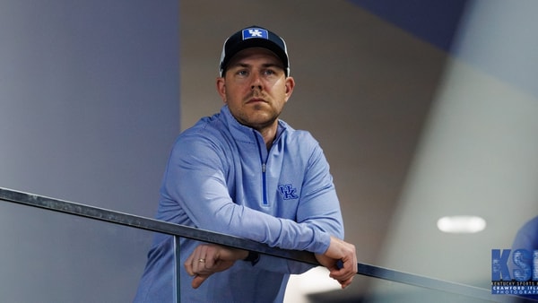 Kentucky Wildcats head football coach Will Stein looks on as Kentucky Women’s Gymnastics competes against Missouri at Historic Memorial Coliseum on Friday, February 13, 2026. Photo by Crawford Ifland, Kentucky Sports Radio/On3