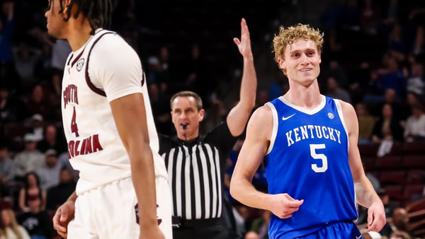 Feb 24, 2026; Columbia, South Carolina, USA; Kentucky Wildcats guard Collin Chandler (5) reacts after making a three point basket against the South Carolina Gamecocks during the second half at Colonial Life Arena. Mandatory Credit: Jeff Blake-Imagn Images