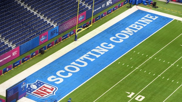 Feb 24, 2026; Indianapolis, IN, USA; The 2026 NFL Scouting Combine logo in the end zone at Lucas Oil Stadium. Mandatory Credit: Kirby Lee-Imagn Images