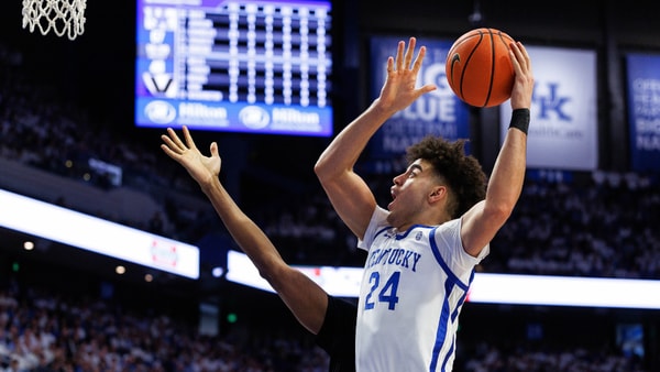 Feb 28, 2026; Lexington, Kentucky, USA; Kentucky Wildcats center Malachi Moreno (24) goes to the basket during the second half against the Vanderbilt Commodores at Rupp Arena at Central Bank Center. Mandatory Credit: Jordan Prather-Imagn Images